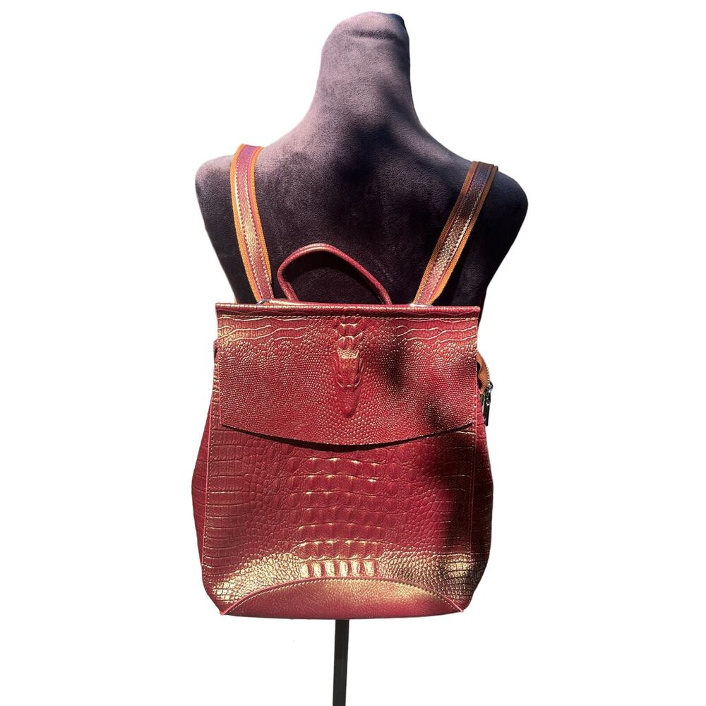 Embossed Leather Flap Backpack Cross Body Bag Purse Burgundy Gold Metallic
